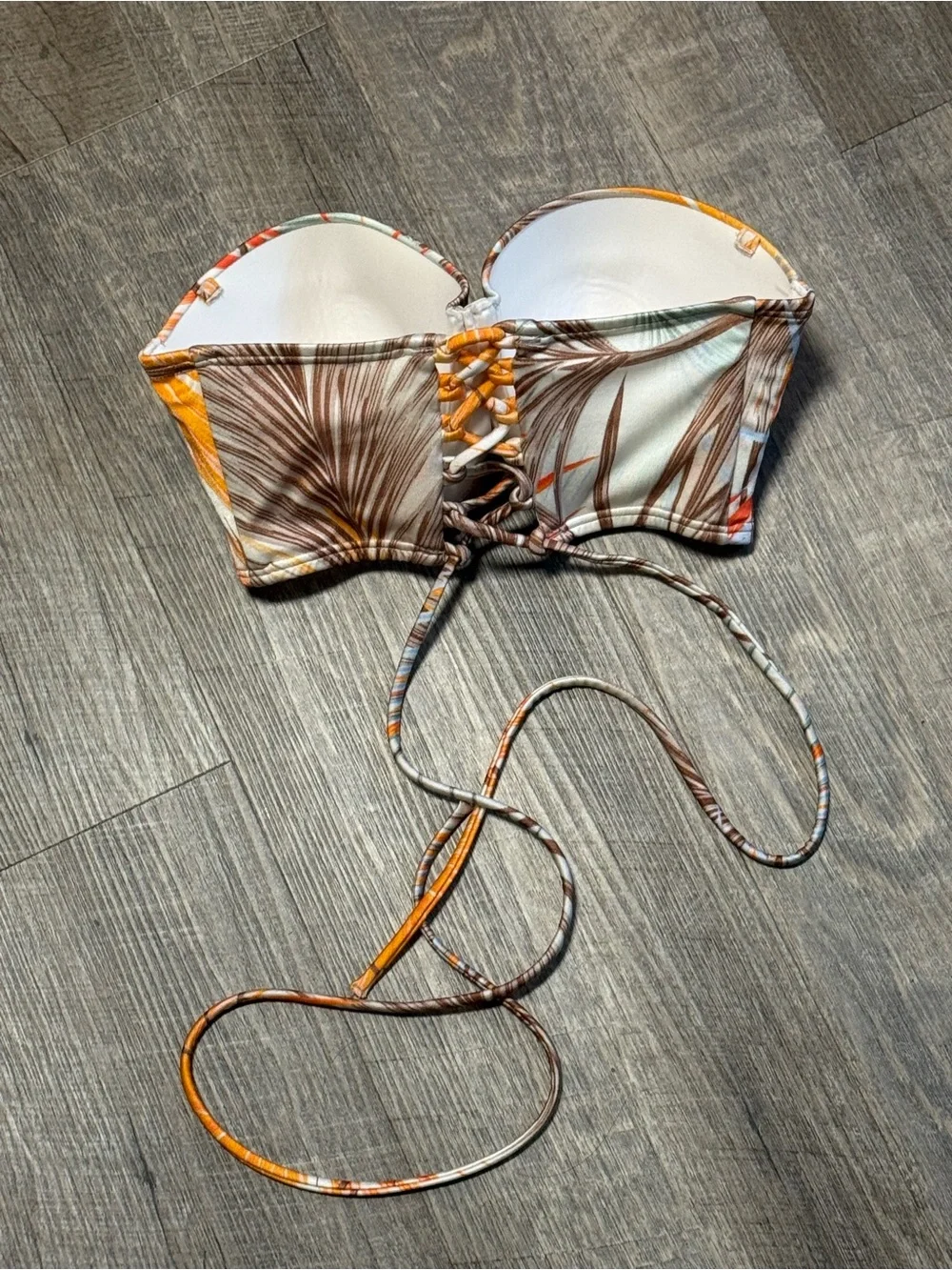 Victoria's Secret Strapless Palm-Print Bikini Top in Orange, Brown and Cream B10